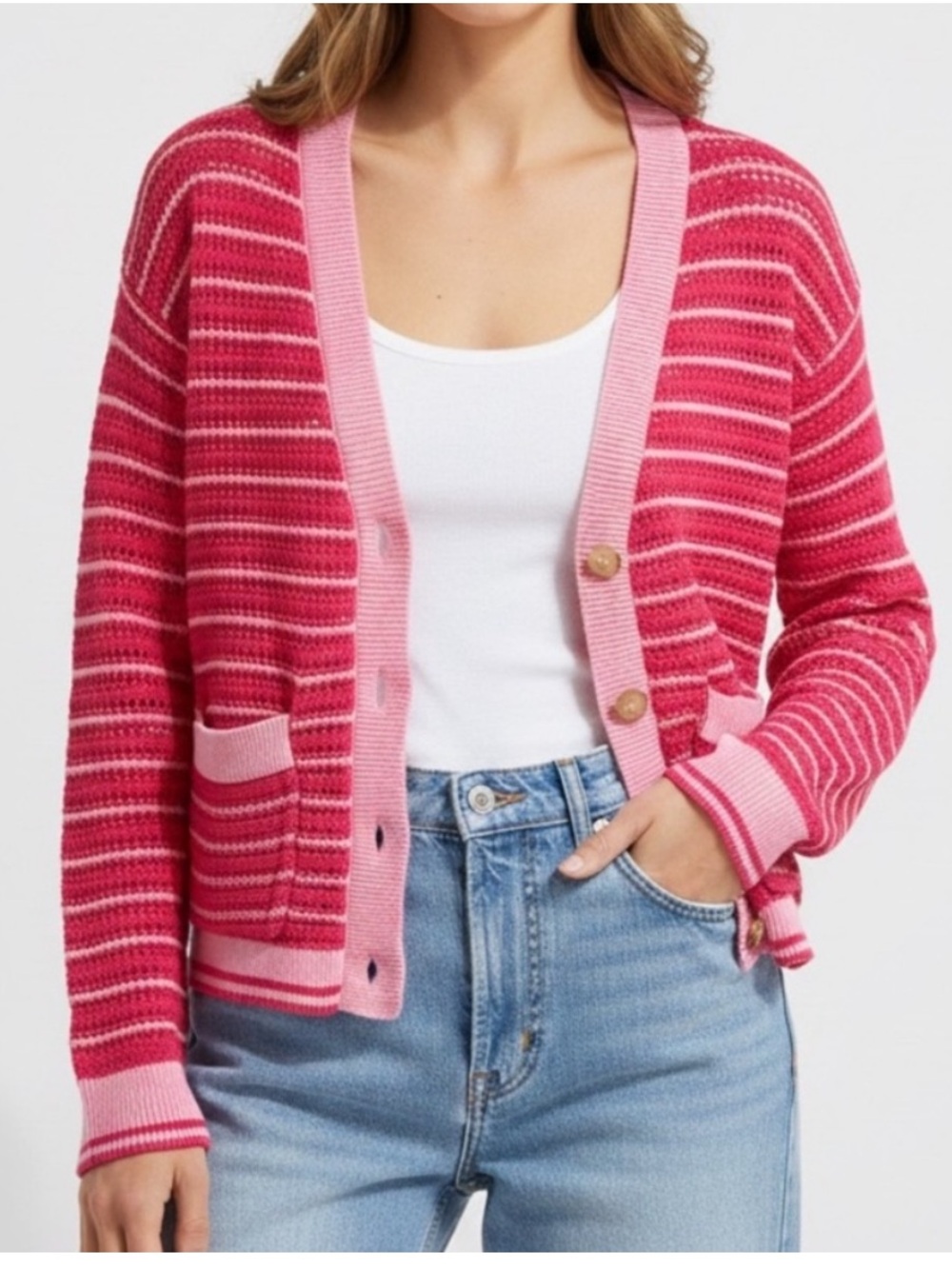 Beach Riot Gene Open Knit Cotton Cardigan Pink Striped size large - Picture 1 of 8